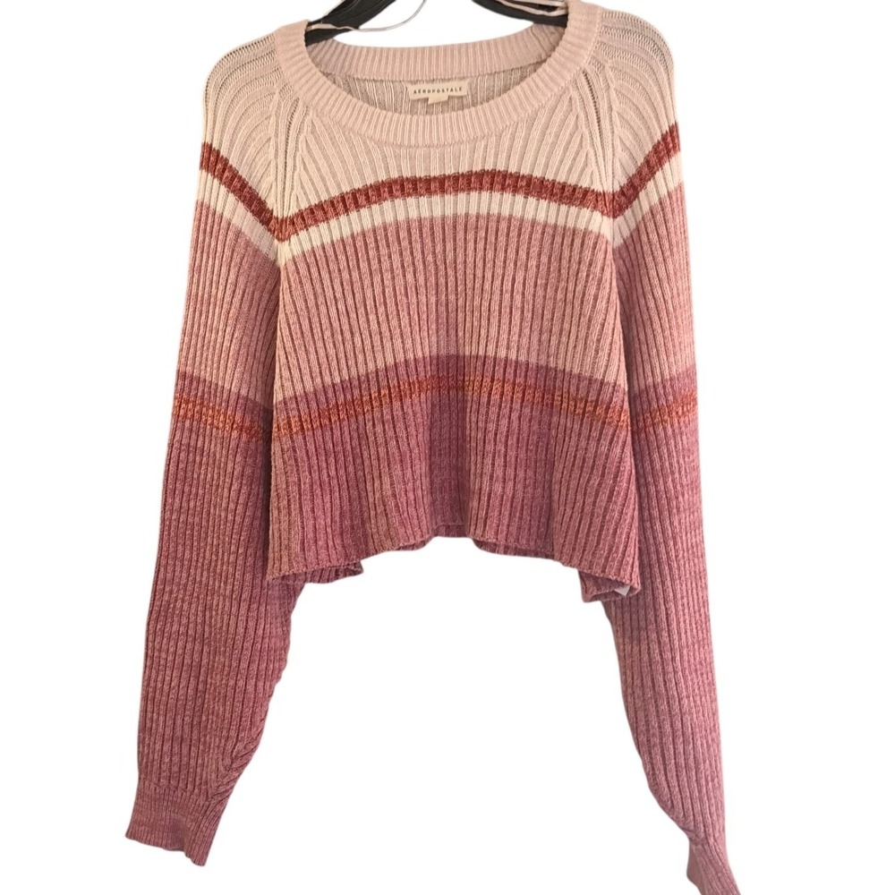 Aeropostale Striped Stretch Cropped Sweater Knit Pullover Top Mauve Pink‎ XL EUC